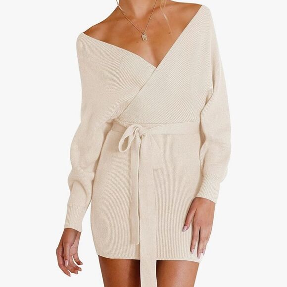 Tan V-Neck Dress with Tie Detail - Picture 6 of 8